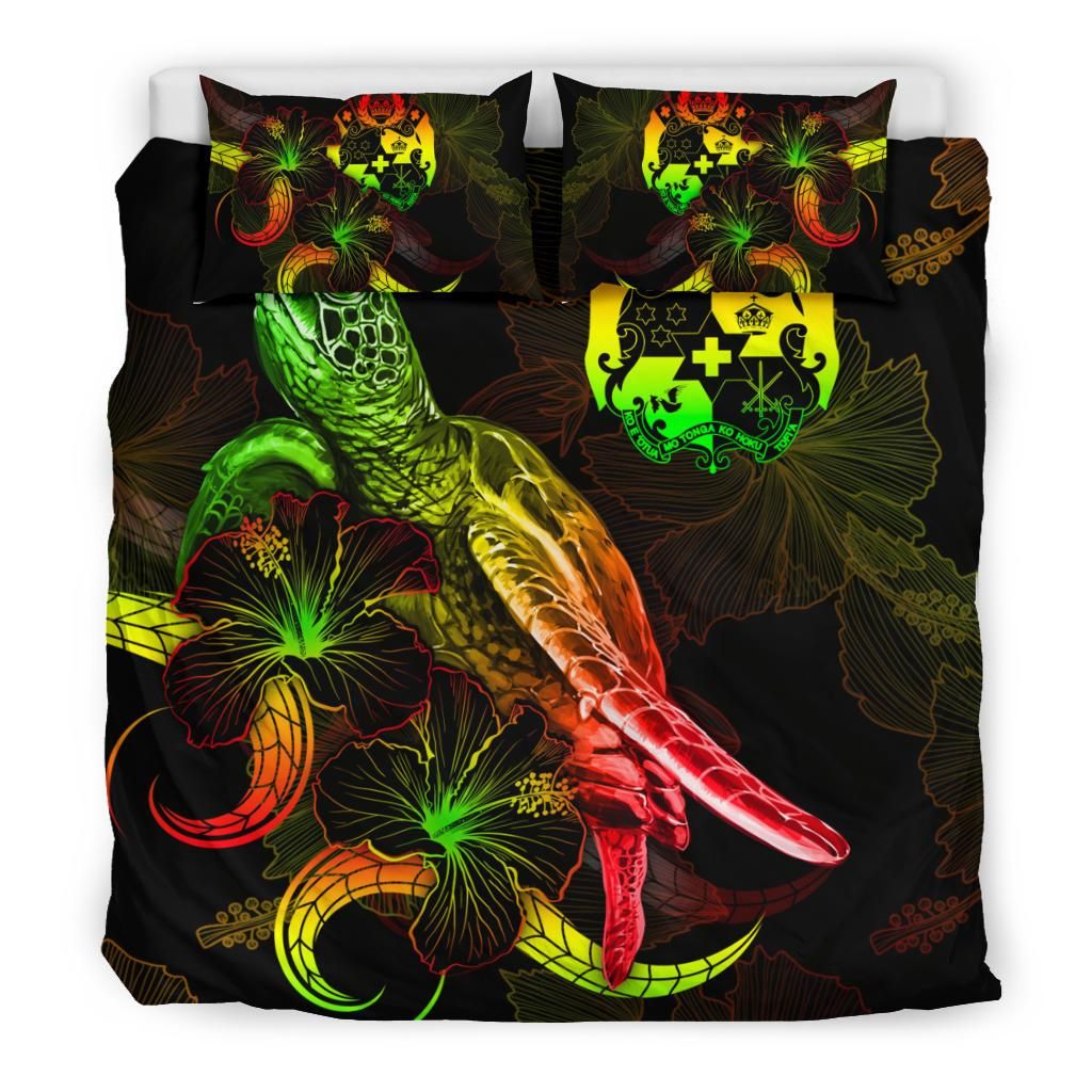 Tonga Polynesian Bedding Set - Turtle With Blooming Hibiscus Reggae