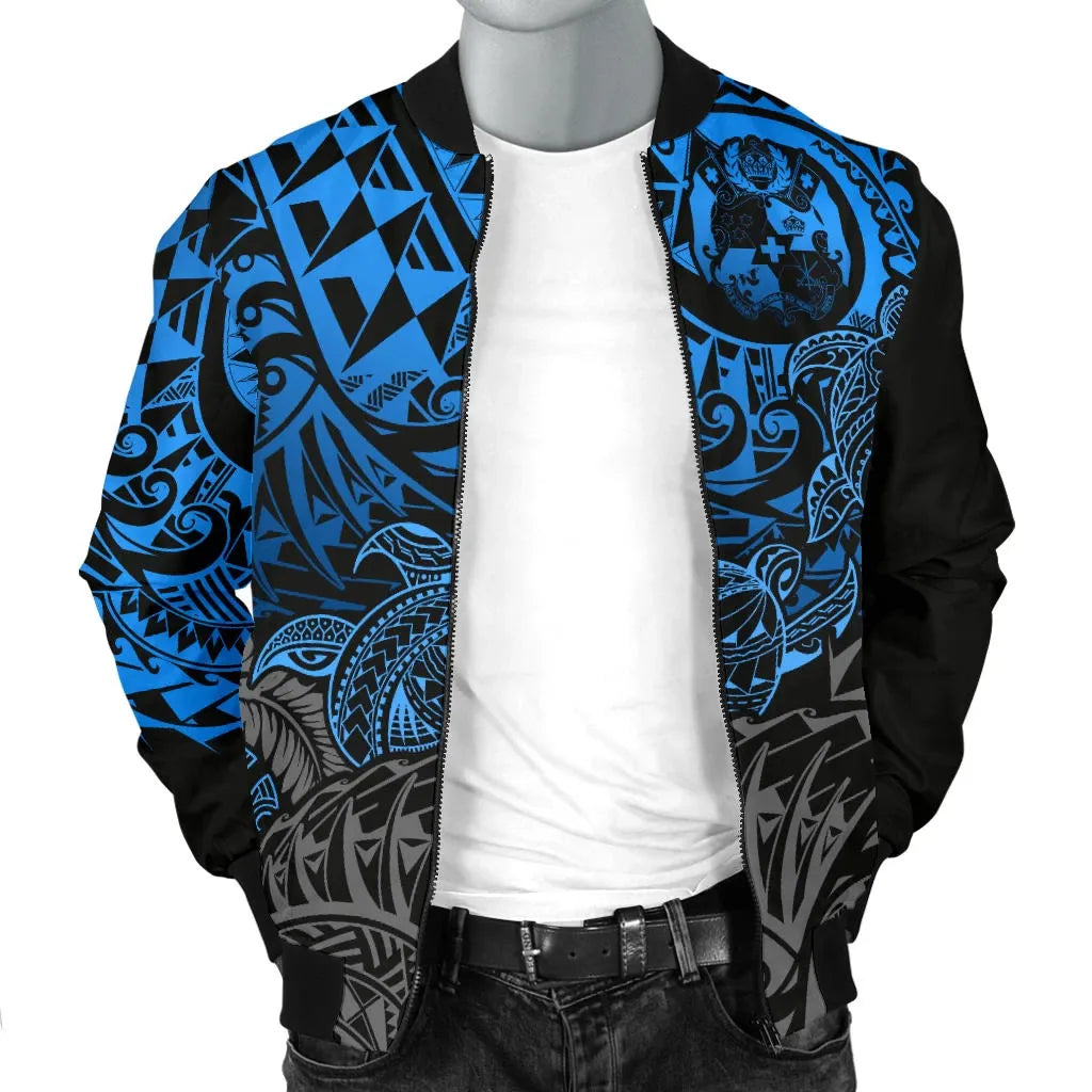 Tonga Polynesian Bomber Jacket - Blue Turtle Flowing