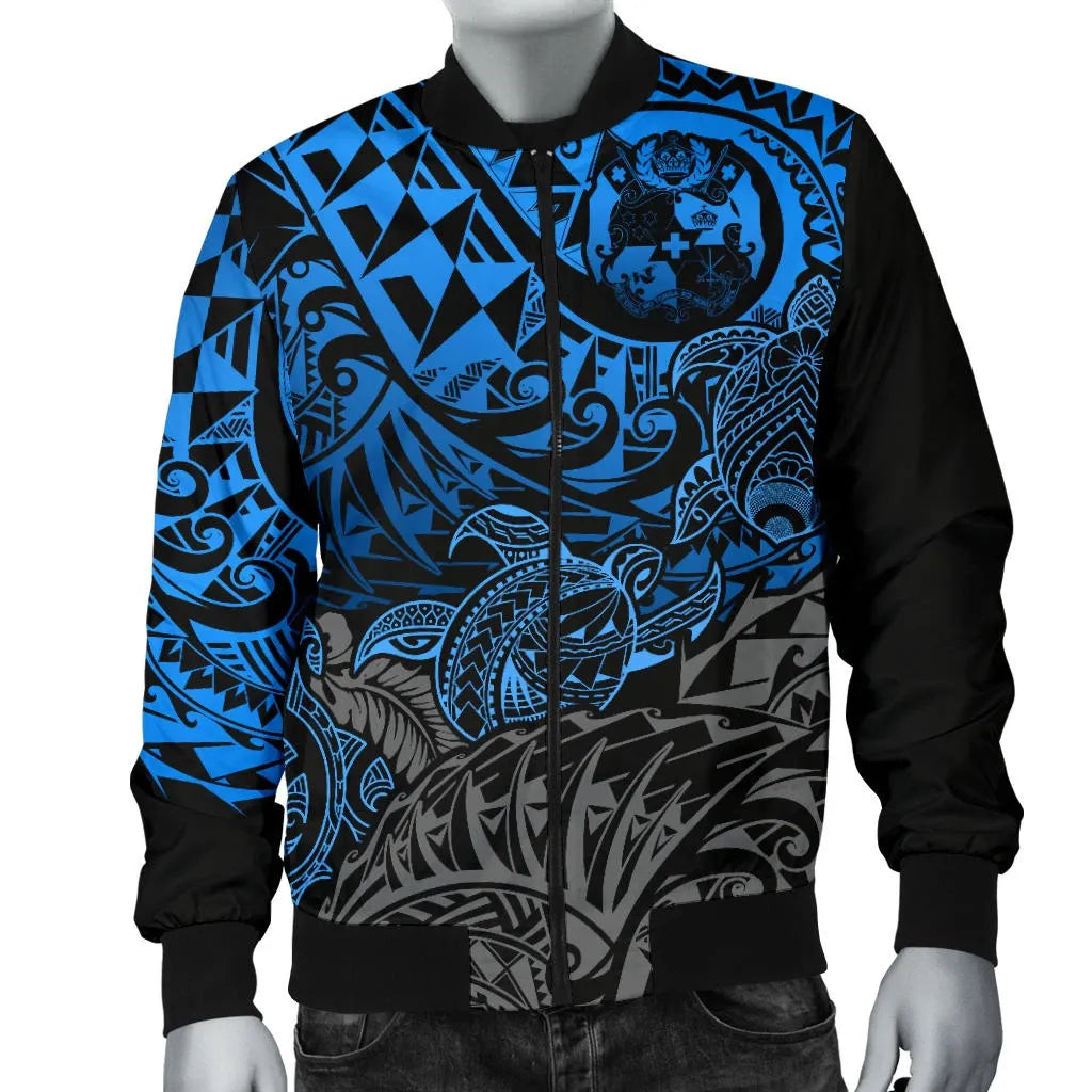 Tonga Polynesian Bomber Jacket - Blue Turtle Flowing