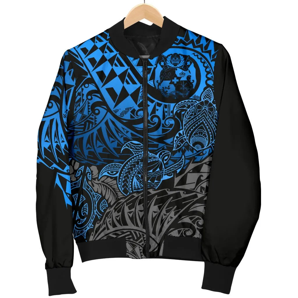 Tonga Polynesian Bomber Jacket - Blue Turtle Flowing