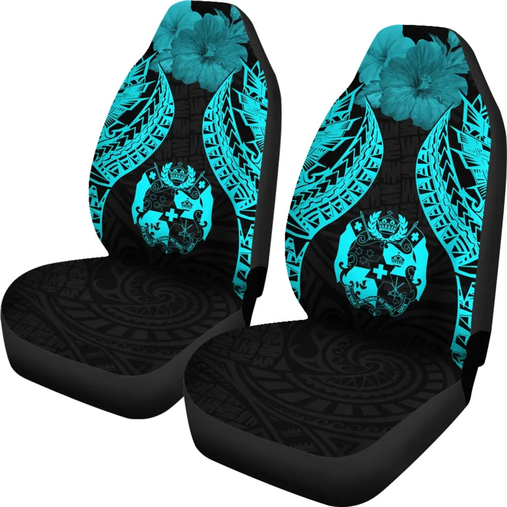Tonga Polynesian Car Seat Covers Pride Seal And Hibiscus Neon Blue