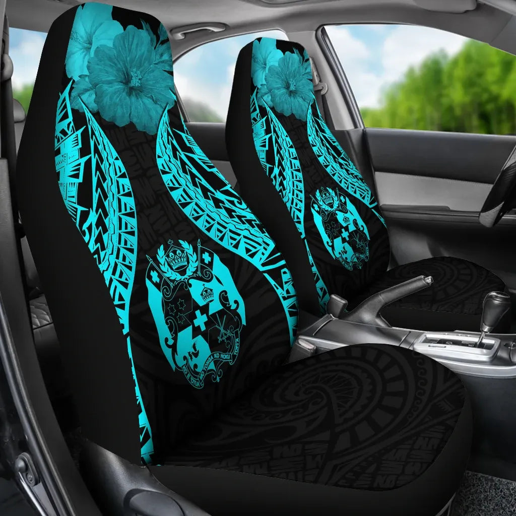 Tonga Polynesian Car Seat Covers Pride Seal And Hibiscus Neon Blue