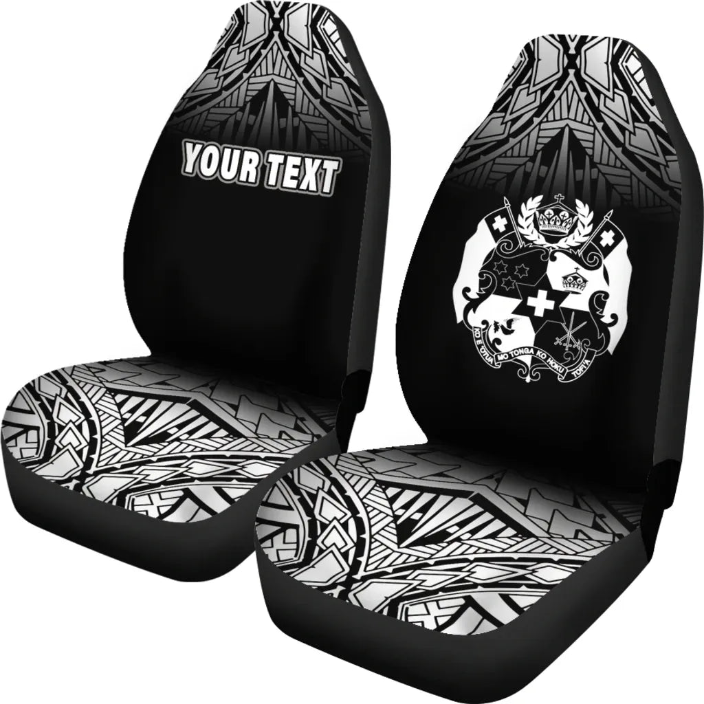 Tonga Custom Personalised Car Seat Covers - Tonga Coat Of Arms Polynesian Tattoo Fog Black