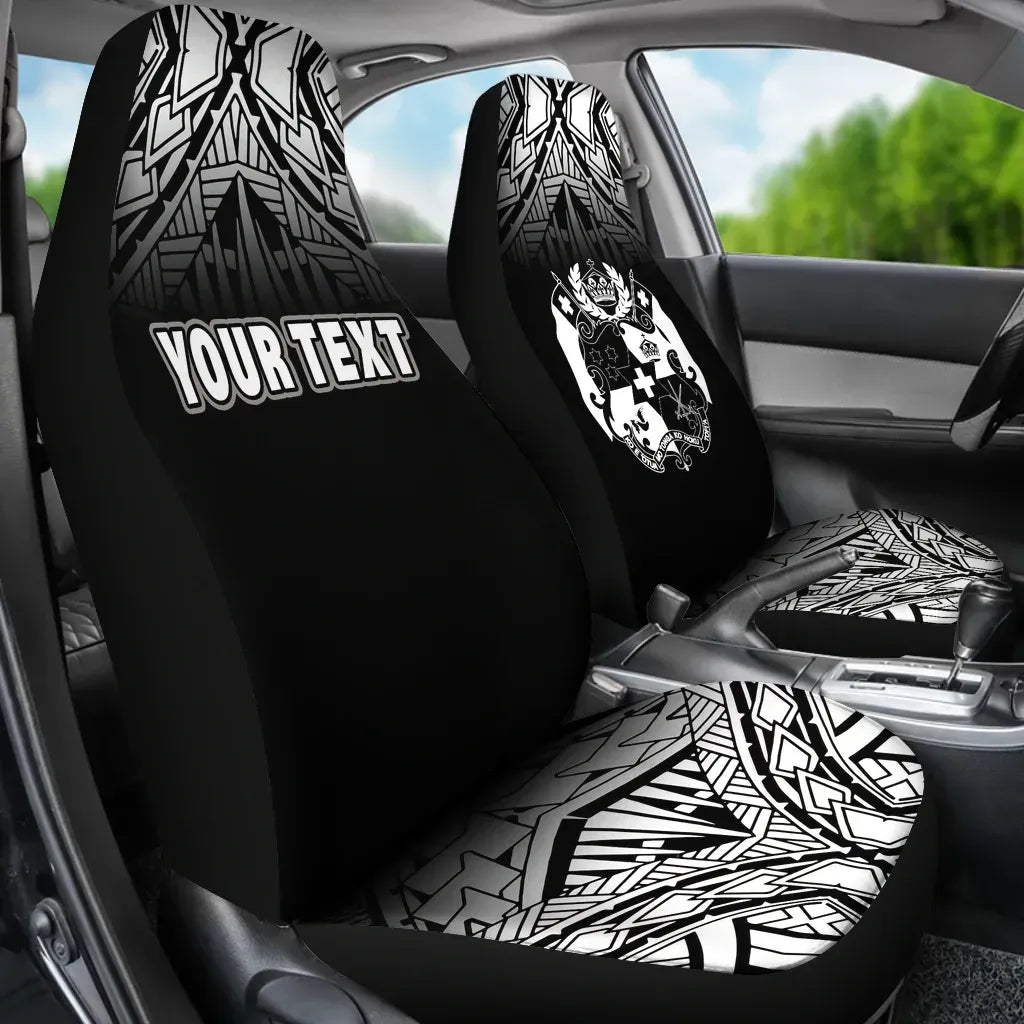 Tonga Custom Personalised Car Seat Covers - Tonga Coat Of Arms Polynesian Tattoo Fog Black