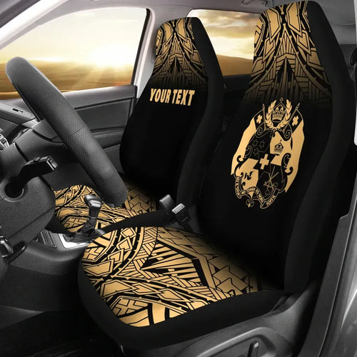Tonga Custom Personalised Car Seat Covers - Tonga Coat Of Arms Polynesian Tattoo Fog Gold