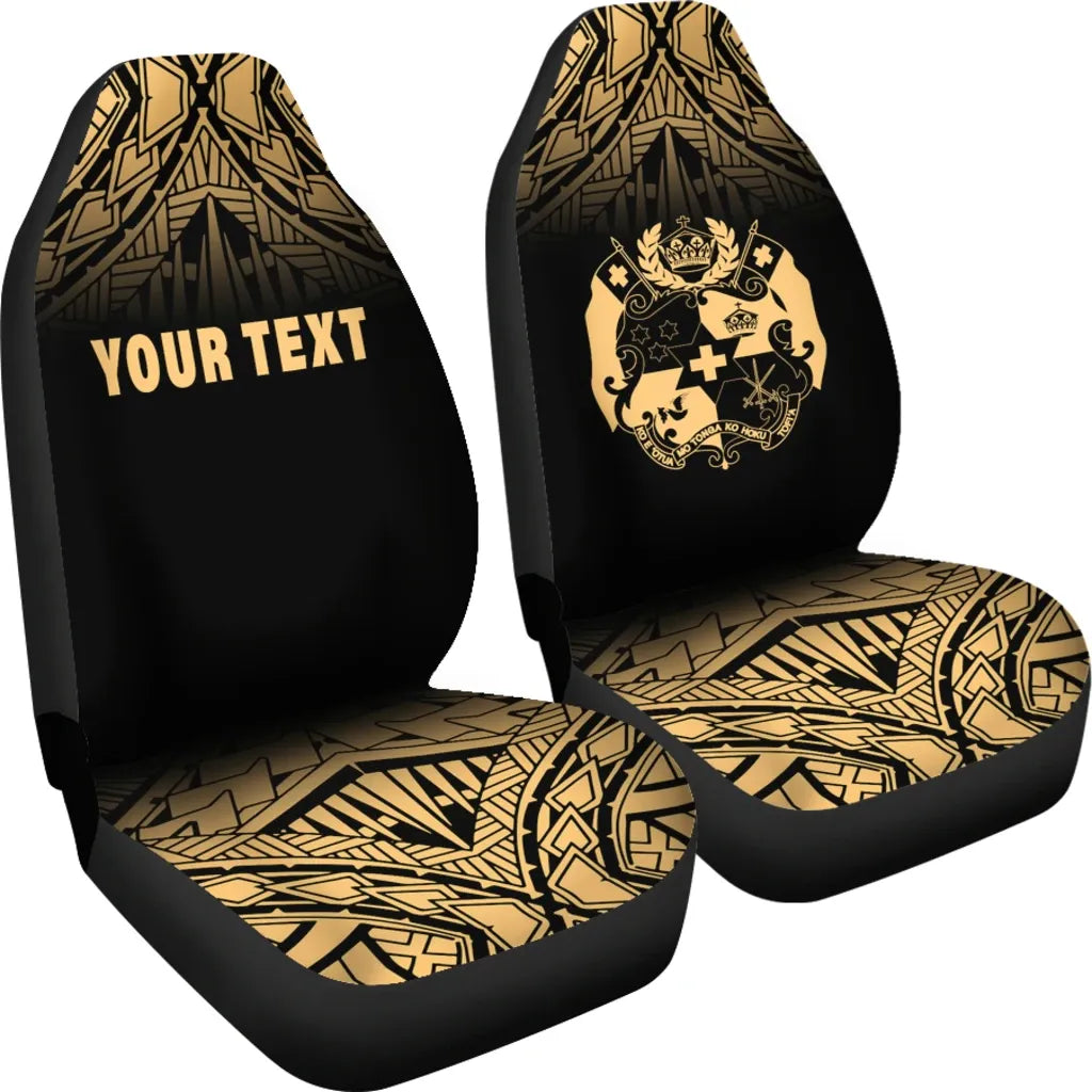 Tonga Custom Personalised Car Seat Covers - Tonga Coat Of Arms Polynesian Tattoo Fog Gold