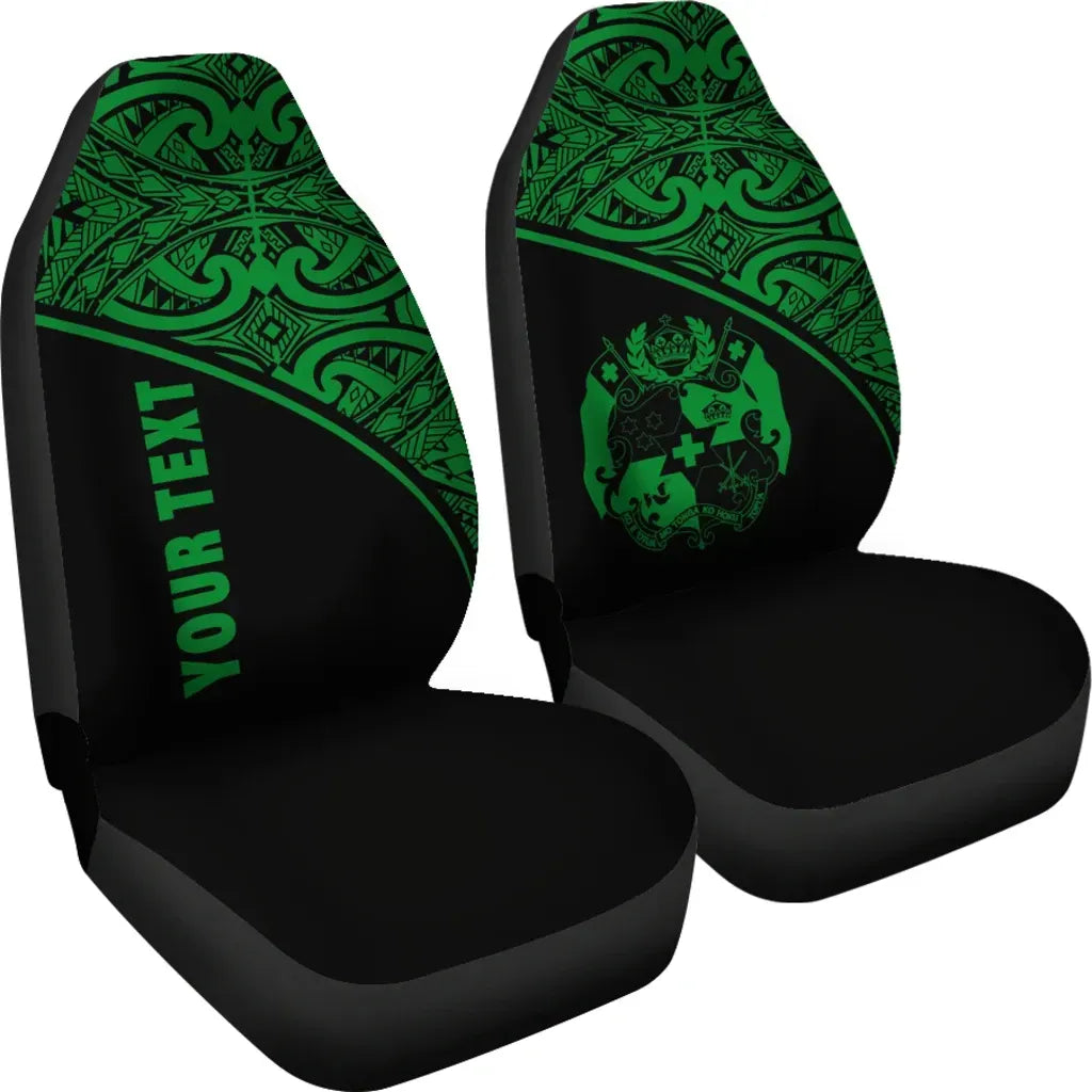 Tonga Custom Personalised Car Seat Covers - Tonga Coat Of Arms Polynesian Green Curve