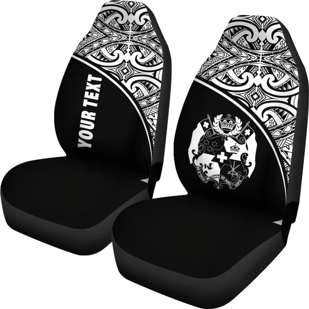 Tonga Custom Personalised Car Seat Covers - Tonga Coat Of Arms Polynesian White Curve