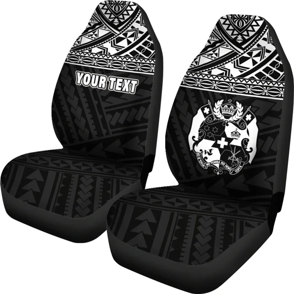 Tonga Custom Personalised Car Seat Covers - Tonga Coat of Arms Polynesian Tattoo Black