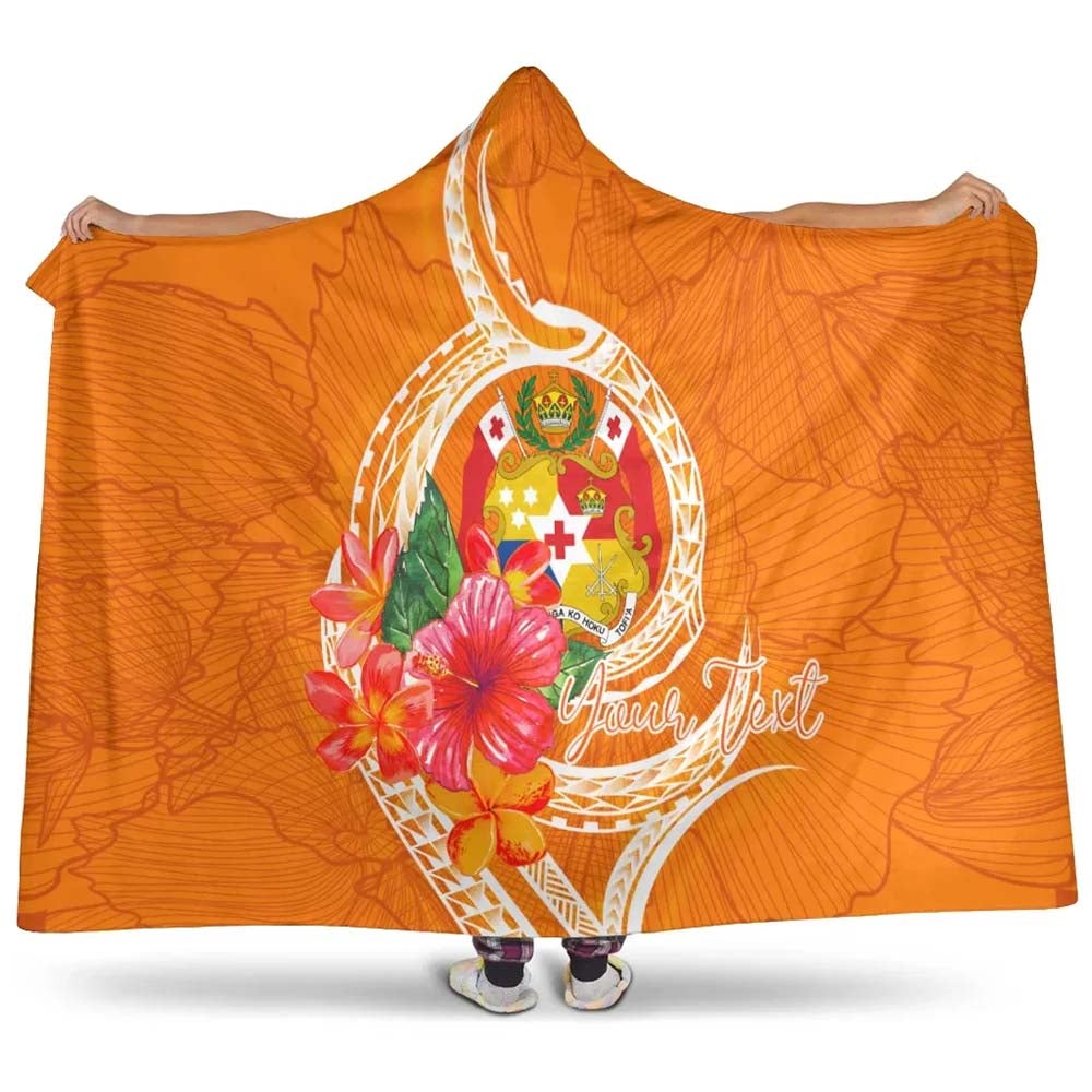 Tonga Polynesian Custom Personalised Hooded Blanket - Orange Floral With Seal