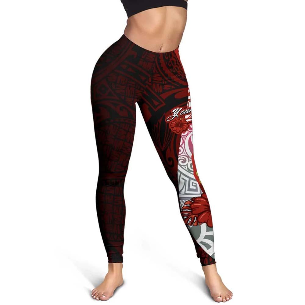 Tonga Polynesian Custom Personalised Legging  - Coat Of Arm With Hibiscus