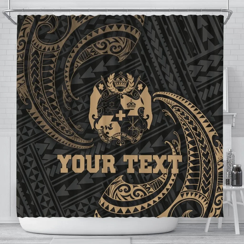 Tonga Polynesian Custom Personalised Shower Curtain - Gold Tribal Wave