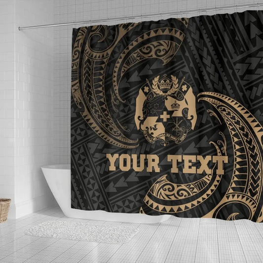 Tonga Polynesian Custom Personalised Shower Curtain - Gold Tribal Wave