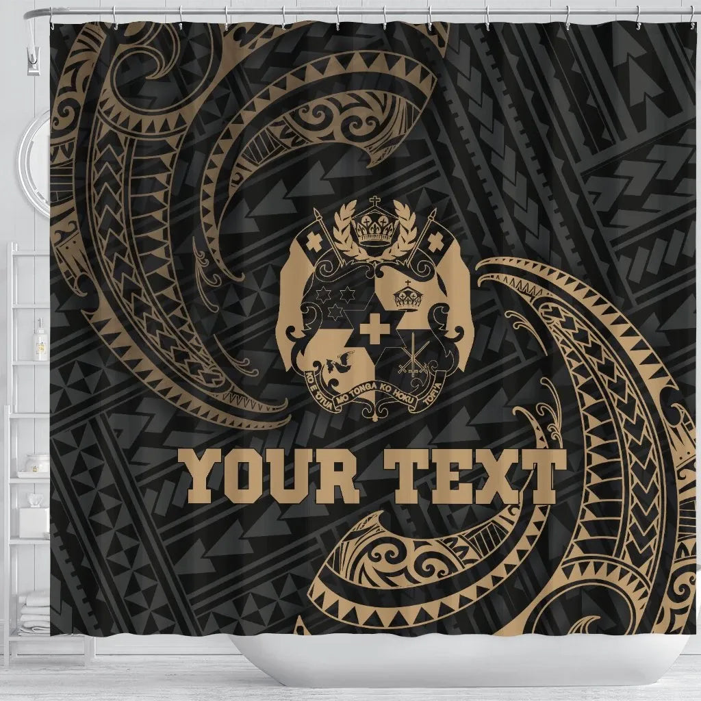 Tonga Polynesian Custom Personalised Shower Curtain - Gold Tribal Wave