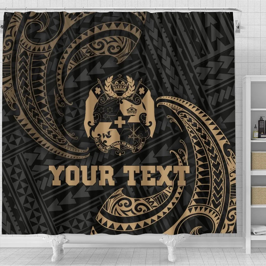 Tonga Polynesian Custom Personalised Shower Curtain - Gold Tribal Wave