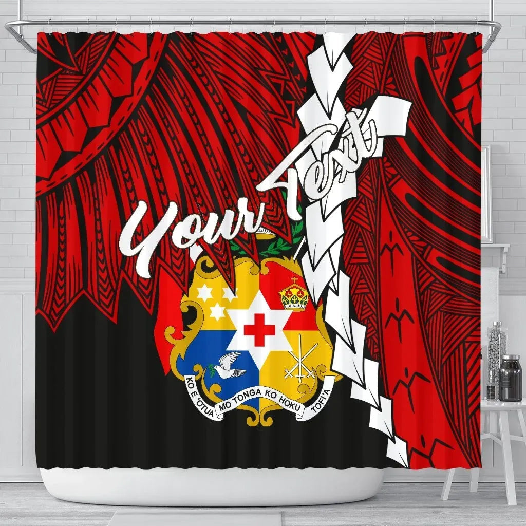 Tonga Polynesian Custom Personalised Shower Curtain - Tribal Wave Tattoo Flag Color