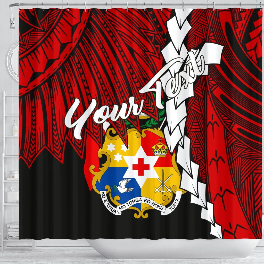 Tonga Polynesian Custom Personalised Shower Curtain - Tribal Wave Tattoo Flag Color
