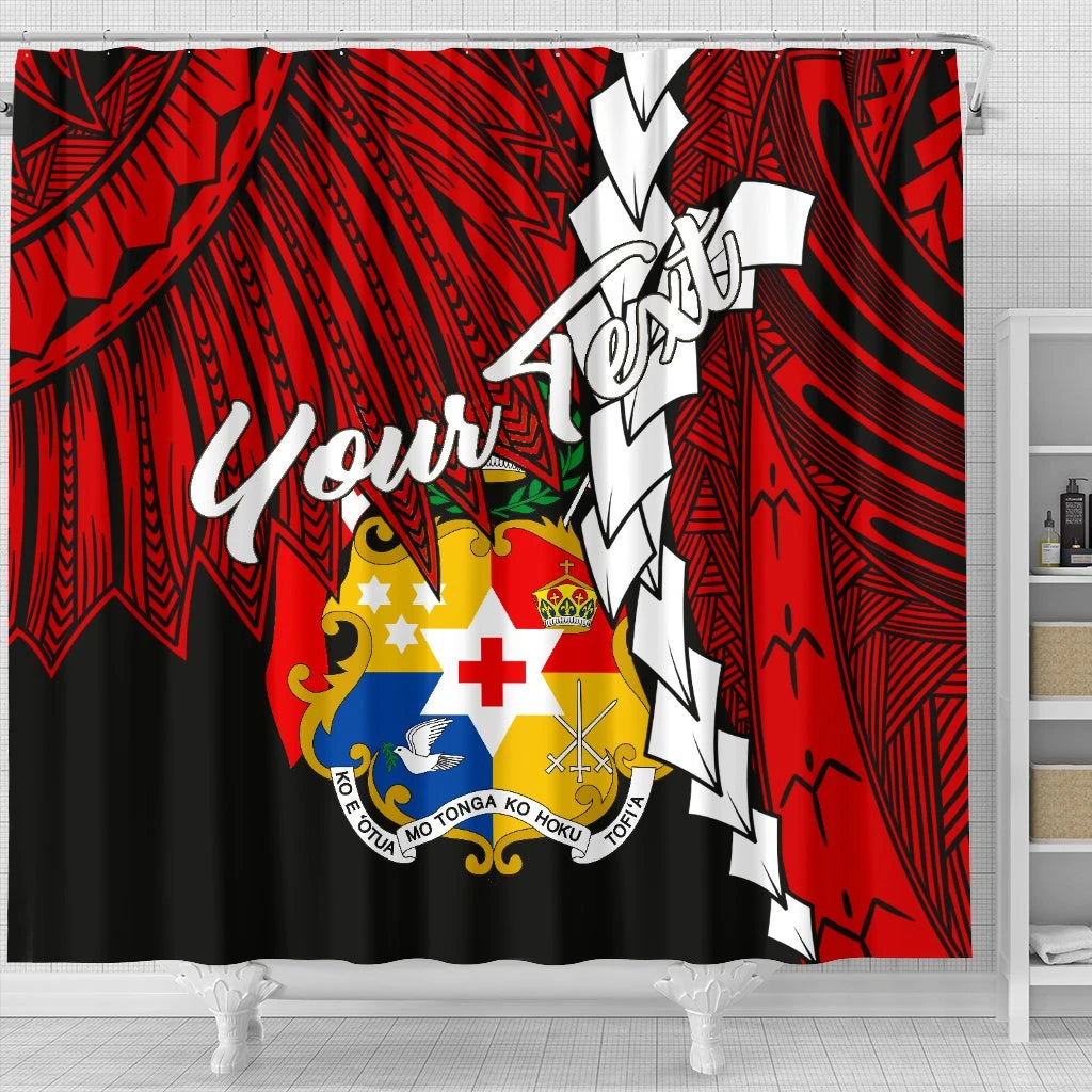 Tonga Polynesian Custom Personalised Shower Curtain - Tribal Wave Tattoo Flag Color