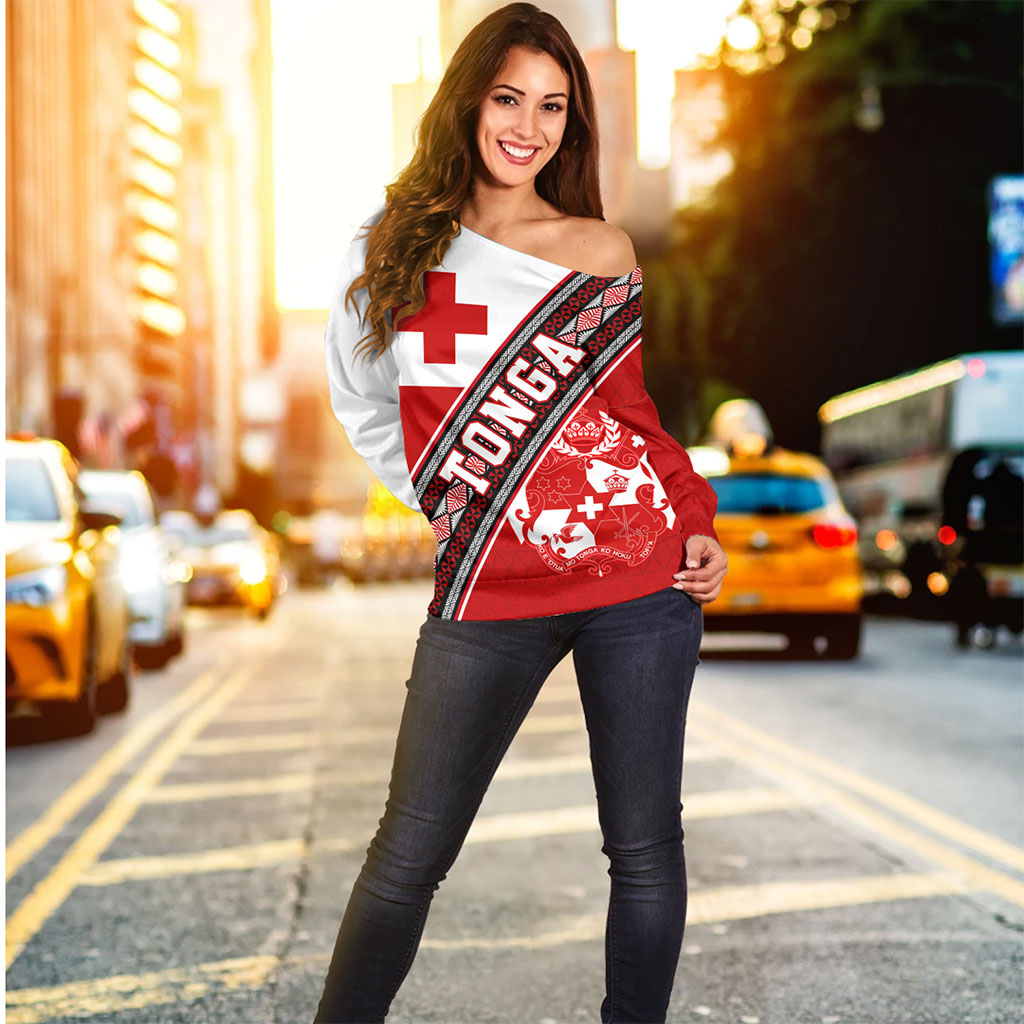Tonga Off Shoulder Sweatshirt Ngatu Flag And Coat Of Arms