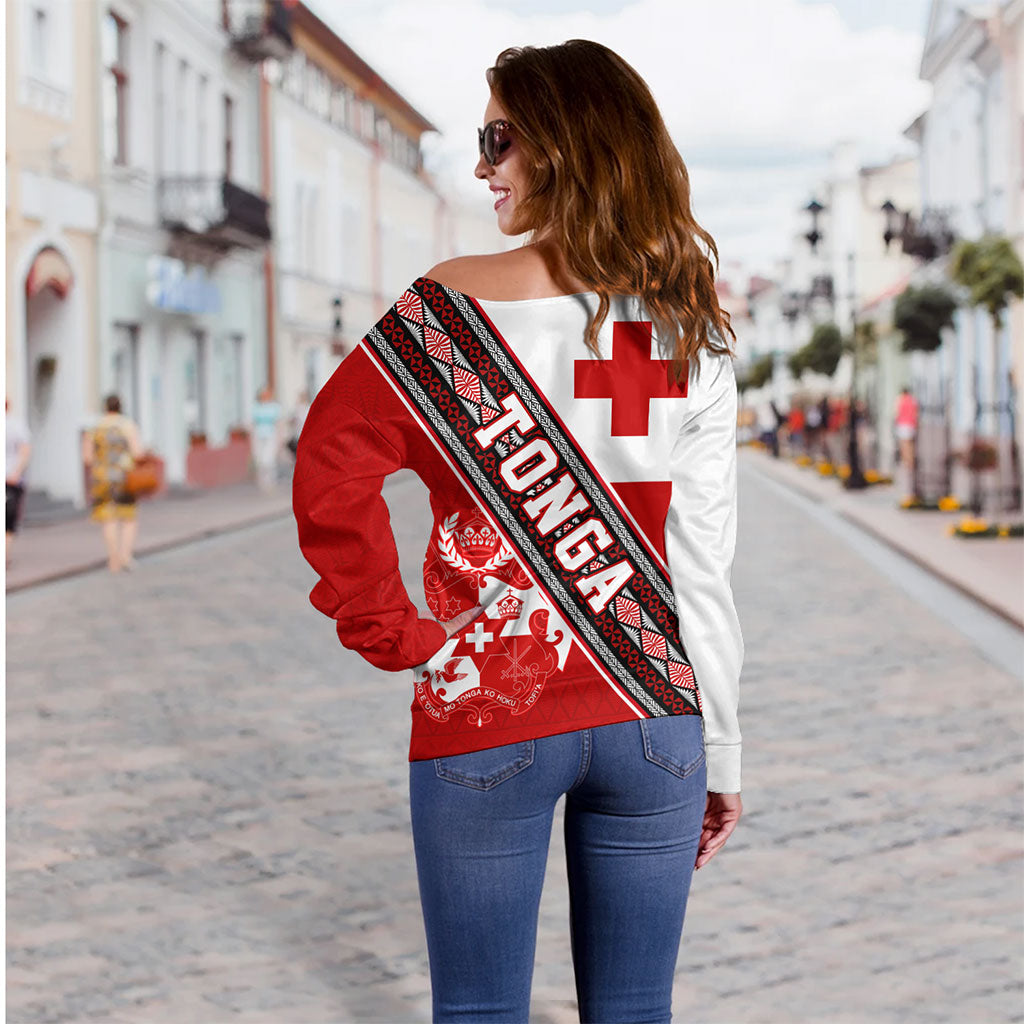 Tonga Off Shoulder Sweatshirt Ngatu Flag And Coat Of Arms
