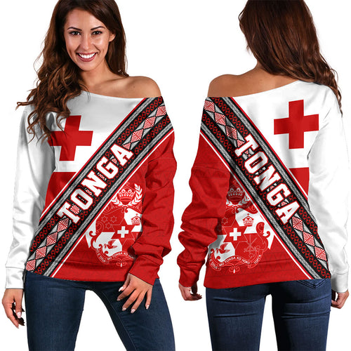 Tonga Off Shoulder Sweatshirt Ngatu Flag And Coat Of Arms