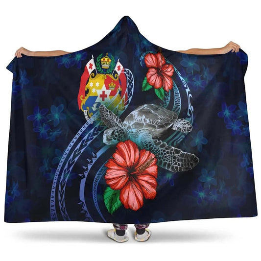 Tonga Polynesian Hooded Blanket - Blue Turtle Hibiscus