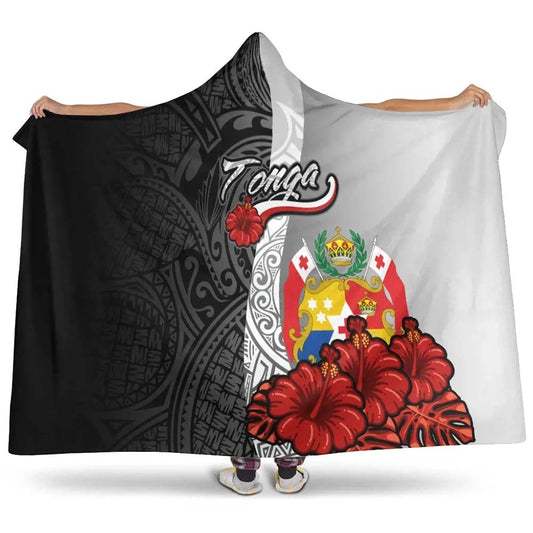 Tonga Polynesian Hooded Blanket- Coat Of Arm With Hibiscus White