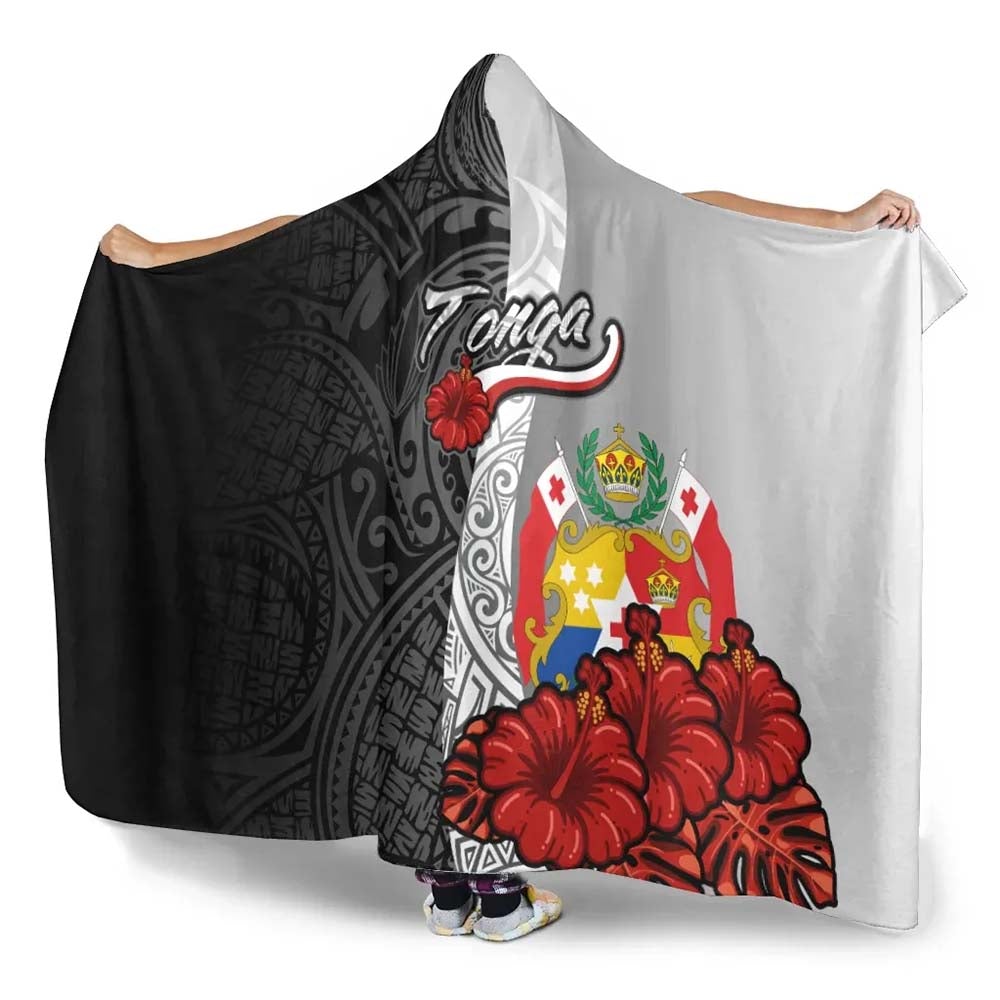 Tonga Polynesian Hooded Blanket- Coat Of Arm With Hibiscus White