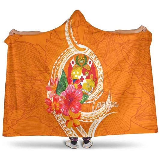 Tonga Polynesian Hooded Blanket - Orange Floral With Seal