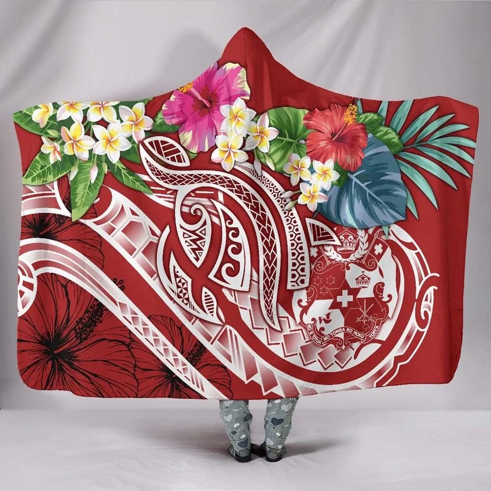 Tonga Polynesian Hooded Blanket - Summer Plumeria (Red)
