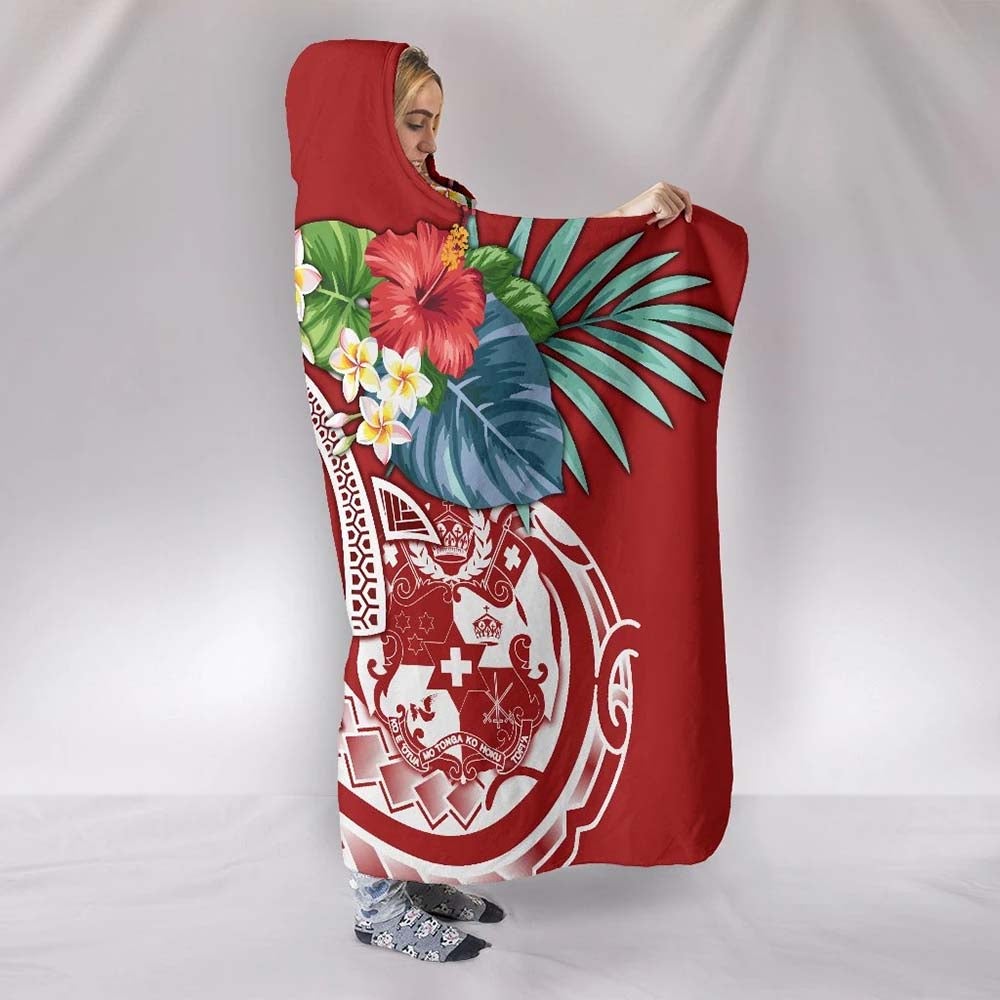 Tonga Polynesian Hooded Blanket - Summer Plumeria (Red)