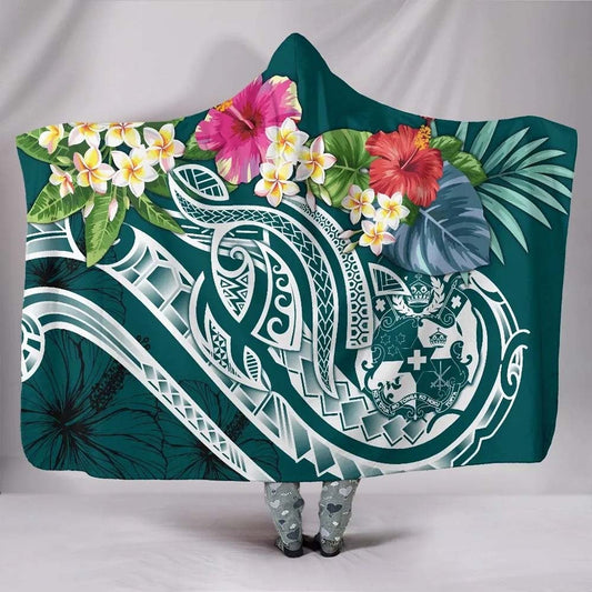 Tonga Polynesian Hooded Blanket - Summer Plumeria (Turquoise)