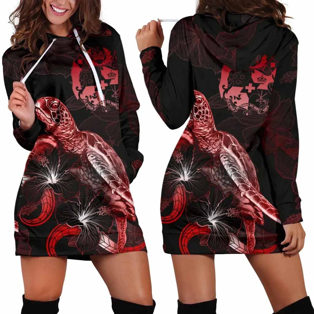 Tonga Polynesian Hoodie Dress - Turtle With Blooming Hibiscus Red