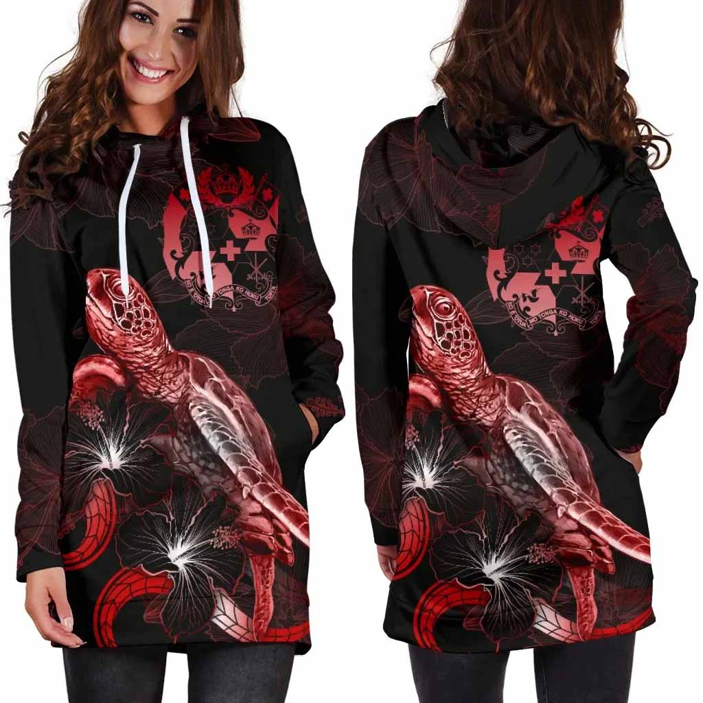 Tonga Polynesian Hoodie Dress - Turtle With Blooming Hibiscus Red
