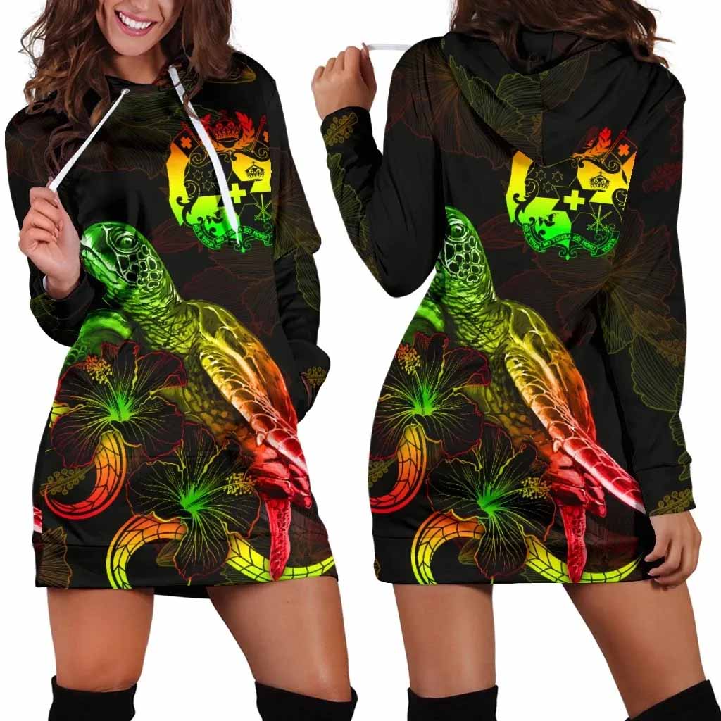 Tonga Polynesian Hoodie Dress - Turtle With Blooming Hibiscus Reggae