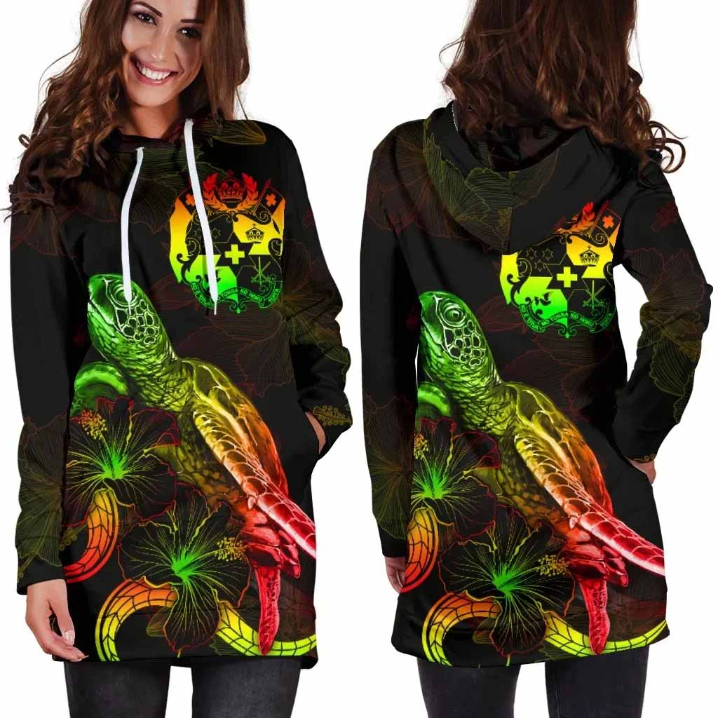 Tonga Polynesian Hoodie Dress - Turtle With Blooming Hibiscus Reggae