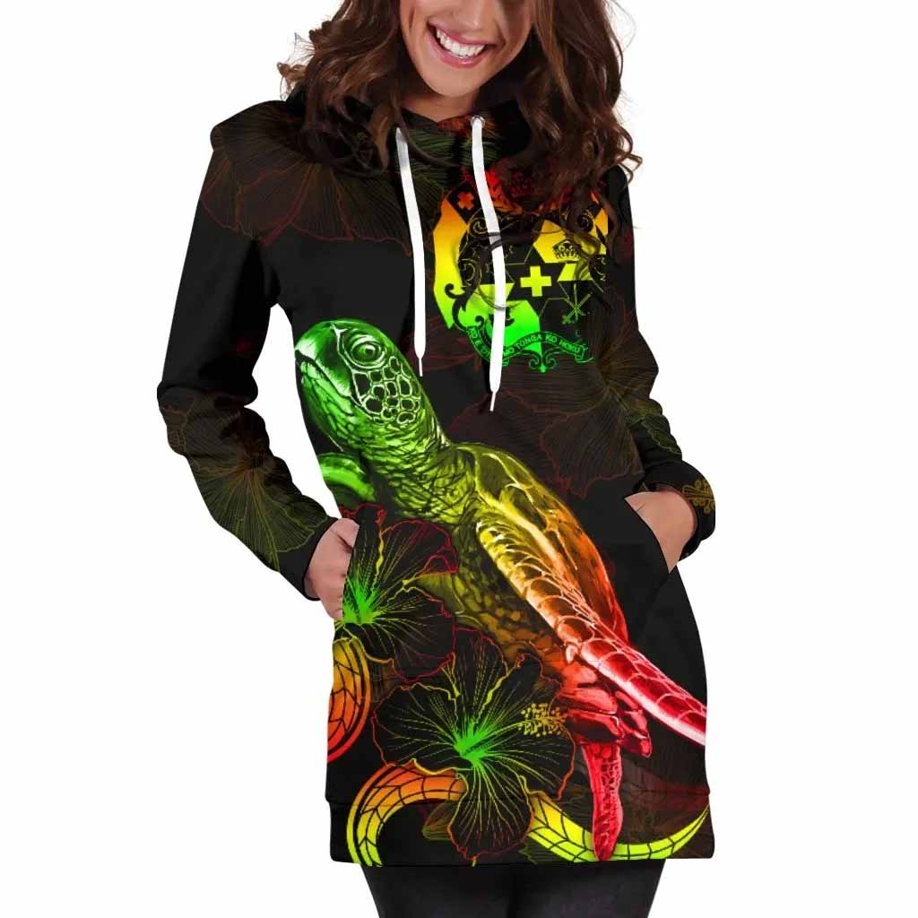 Tonga Polynesian Hoodie Dress - Turtle With Blooming Hibiscus Reggae