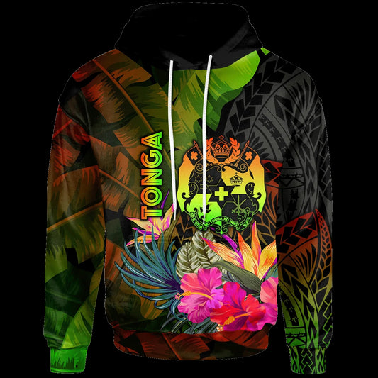 Tonga Polynesian Hoodie -  Hibiscus and Banana Leaves