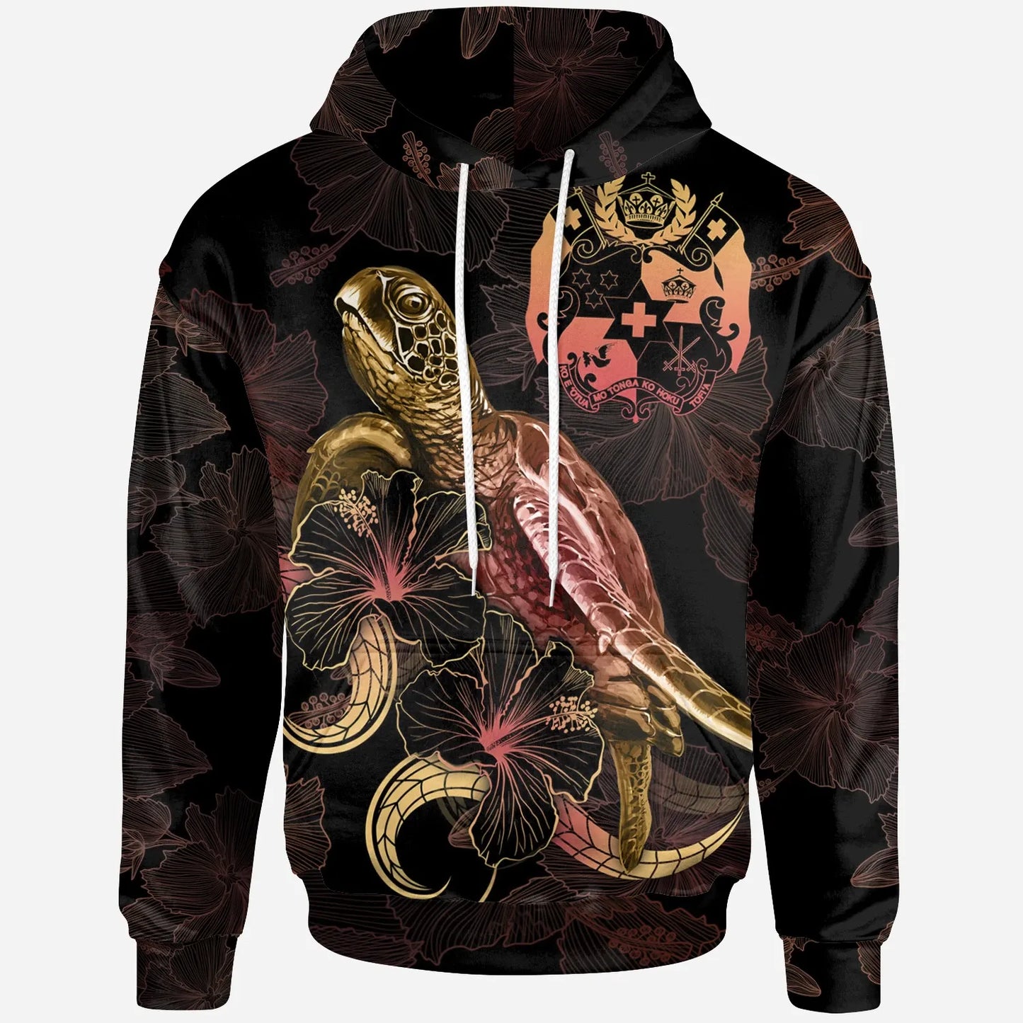 Tonga Polynesian Hoodie - Turtle With Blooming Hibiscus Gold