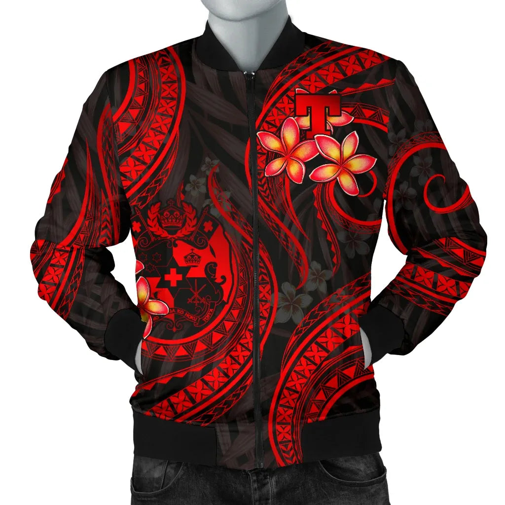 Tonga Polynesian Bomber Jacket - Red Plumeria