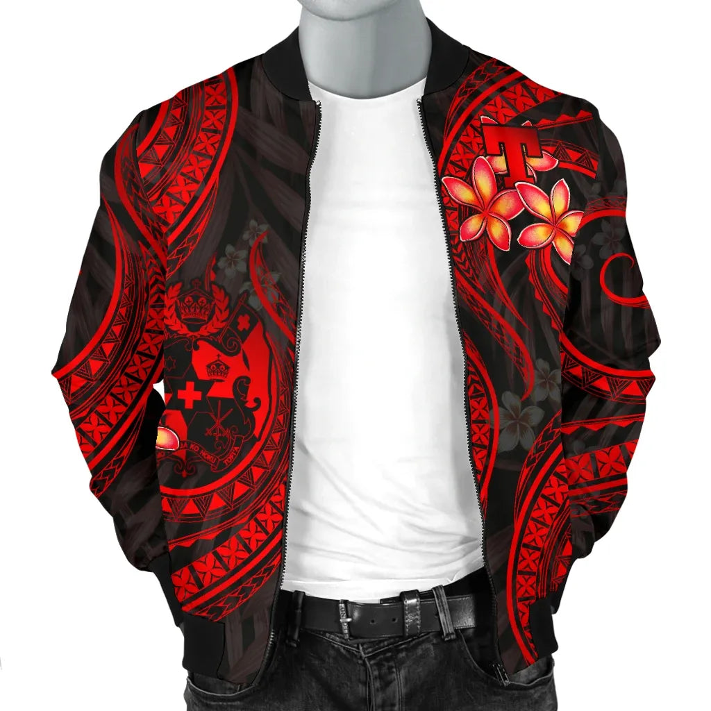 Tonga Polynesian Bomber Jacket - Red Plumeria