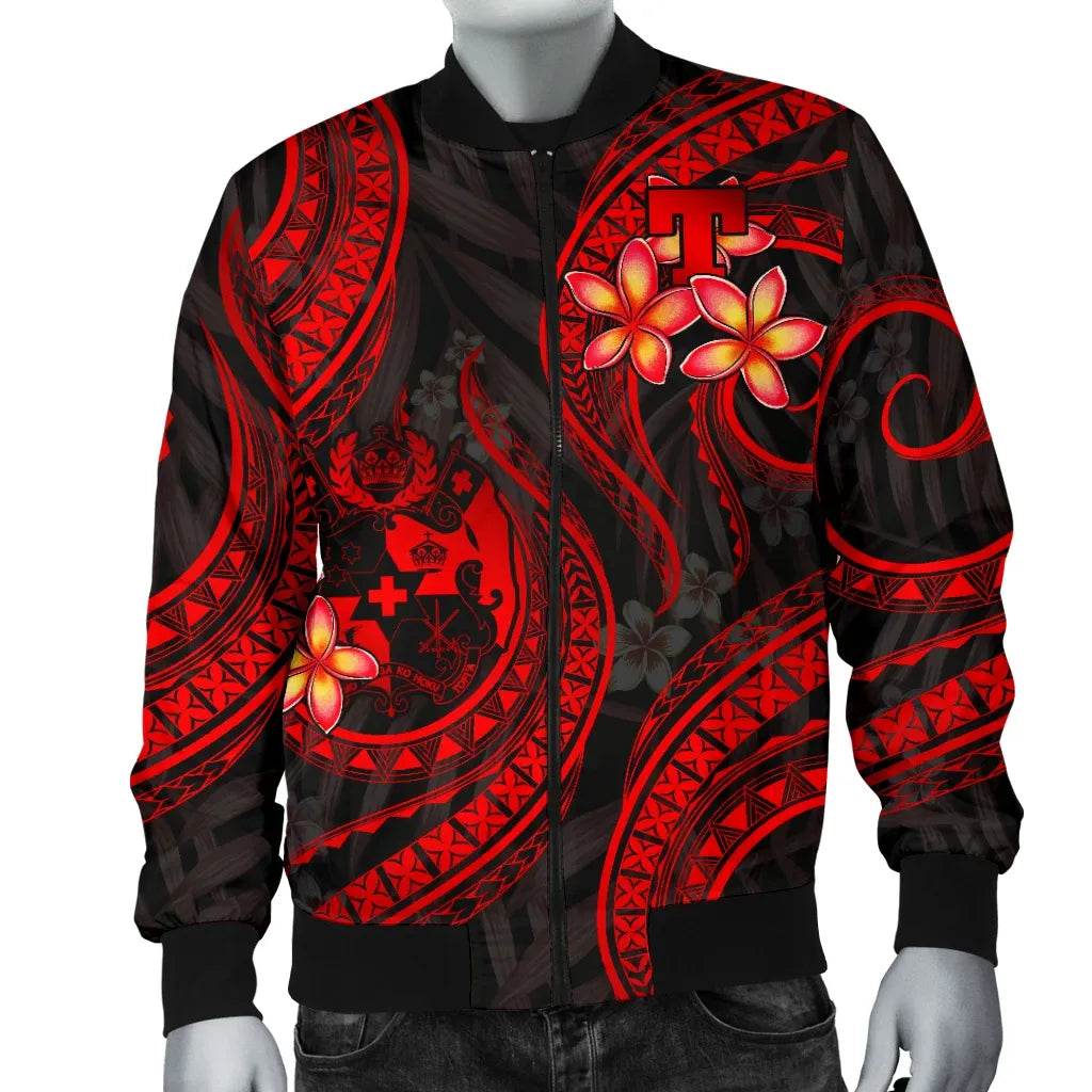 Tonga Polynesian Bomber Jacket - Red Plumeria