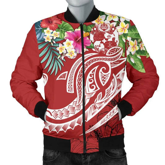 Tonga Polynesian Bomber Jacket - Summer Plumeria (Red)