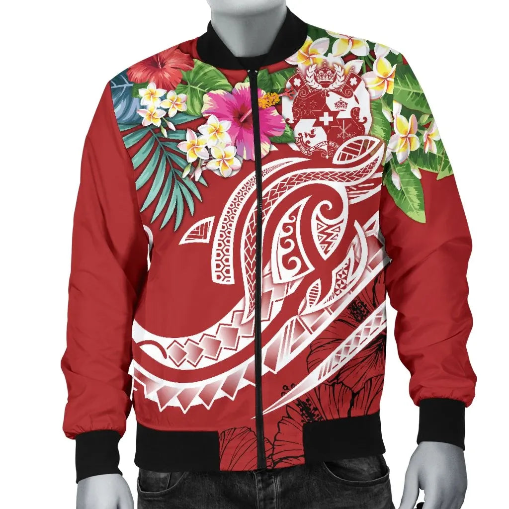 Tonga Polynesian Bomber Jacket - Summer Plumeria (Red)