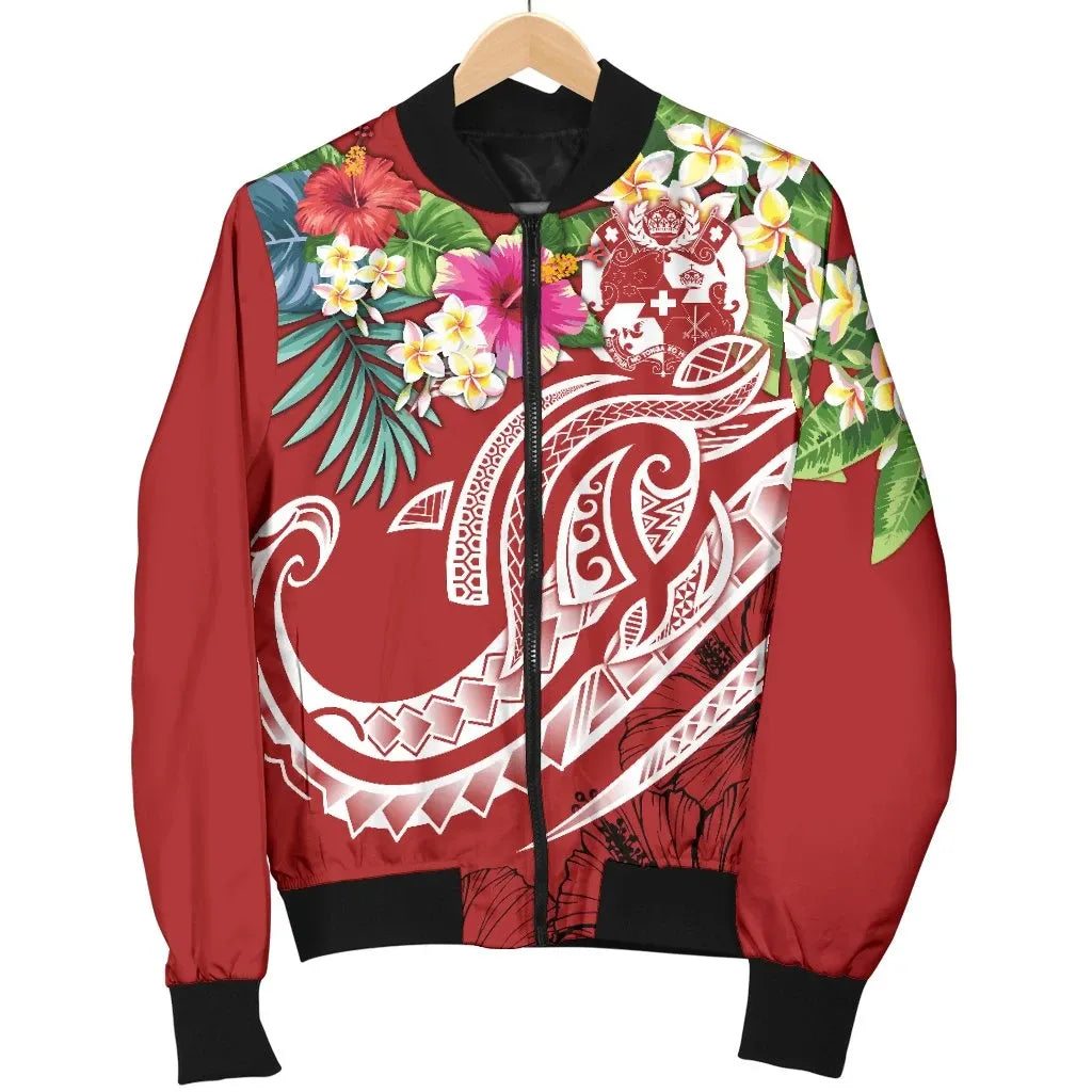 Tonga Polynesian Bomber Jacket - Summer Plumeria (Red)