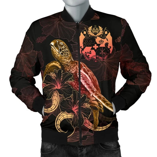 Tonga Polynesian Bomber Jacket - Turtle With Blooming Hibiscus Gold