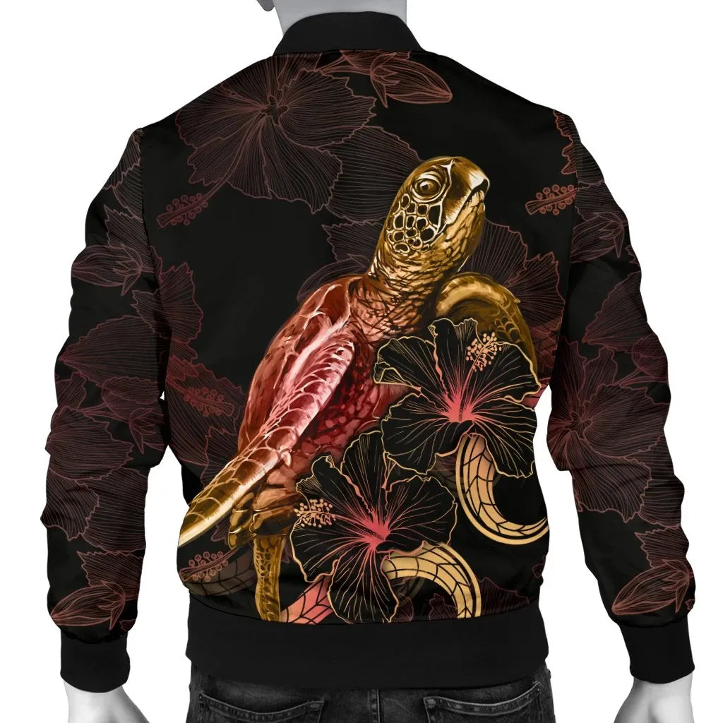 Tonga Polynesian Bomber Jacket - Turtle With Blooming Hibiscus Gold