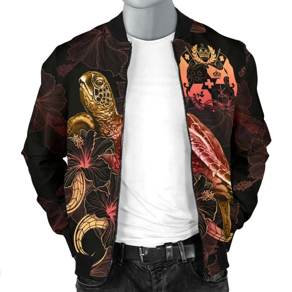 Tonga Polynesian Bomber Jacket - Turtle With Blooming Hibiscus Gold