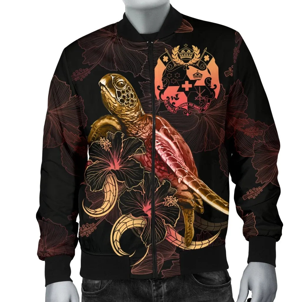 Tonga Polynesian Bomber Jacket - Turtle With Blooming Hibiscus Gold