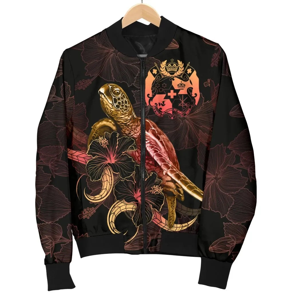 Tonga Polynesian Bomber Jacket - Turtle With Blooming Hibiscus Gold